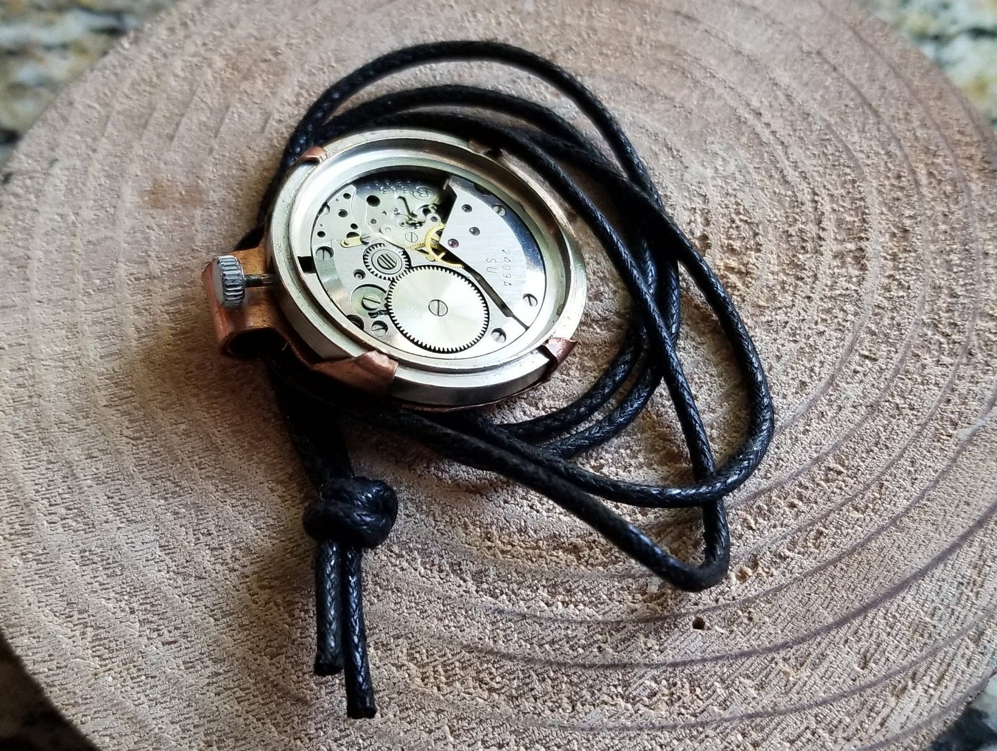 Pure Copper Prong Set Watch Movement Steampunk Pendant Cabochon Faux Leather Cord Clip