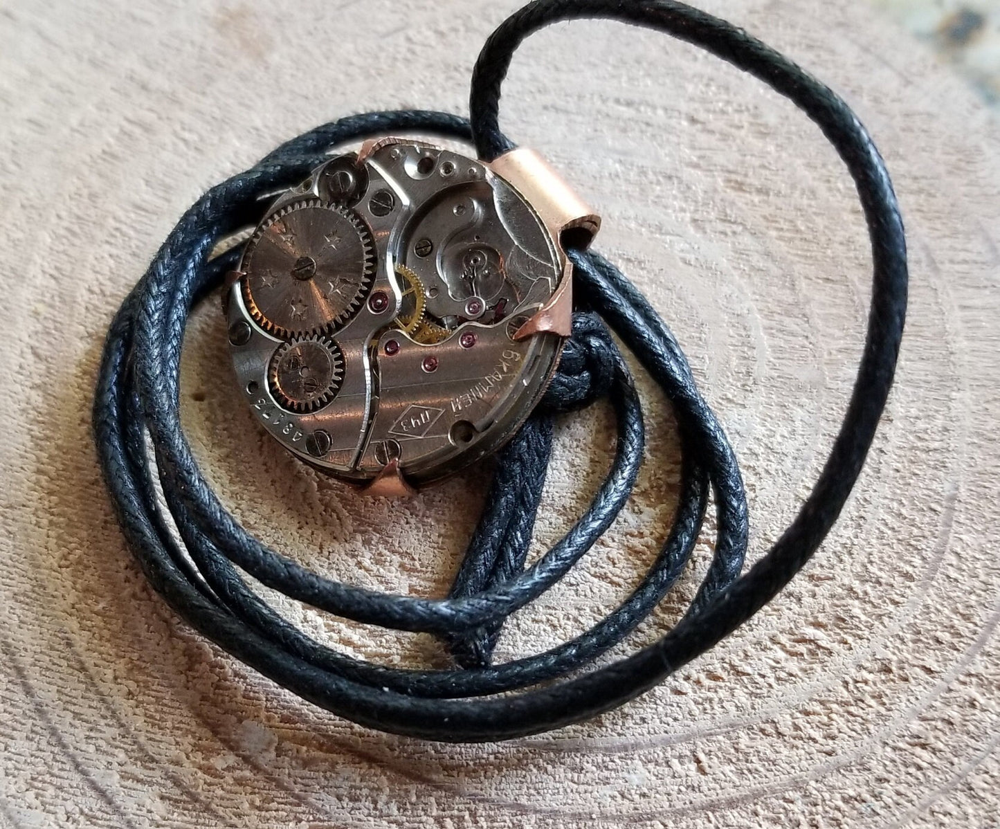 Pure Copper Prong Set Watch Movement Steampunk Pendant Cabochon Faux Leather Cord Clip