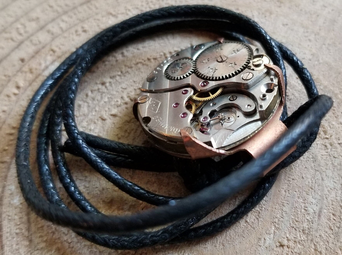 Pure Copper Prong Set Watch Movement Steampunk Pendant Cabochon Faux Leather Cord Clip