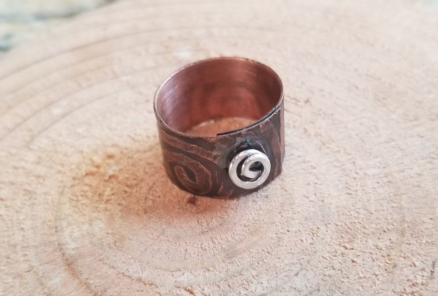 Pure Copper Sheet Spiral Riveted Band Ring Etched Steampunk Women's Size 7