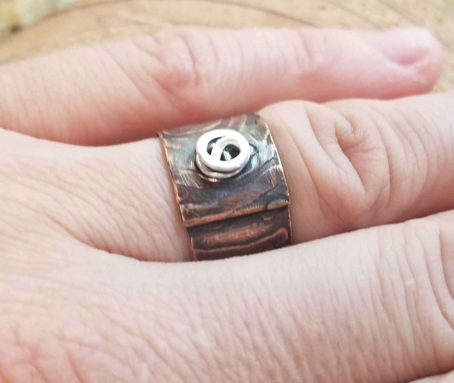 Pure Copper Sheet Spiral Riveted Band Ring Etched Steampunk Women's Size 7