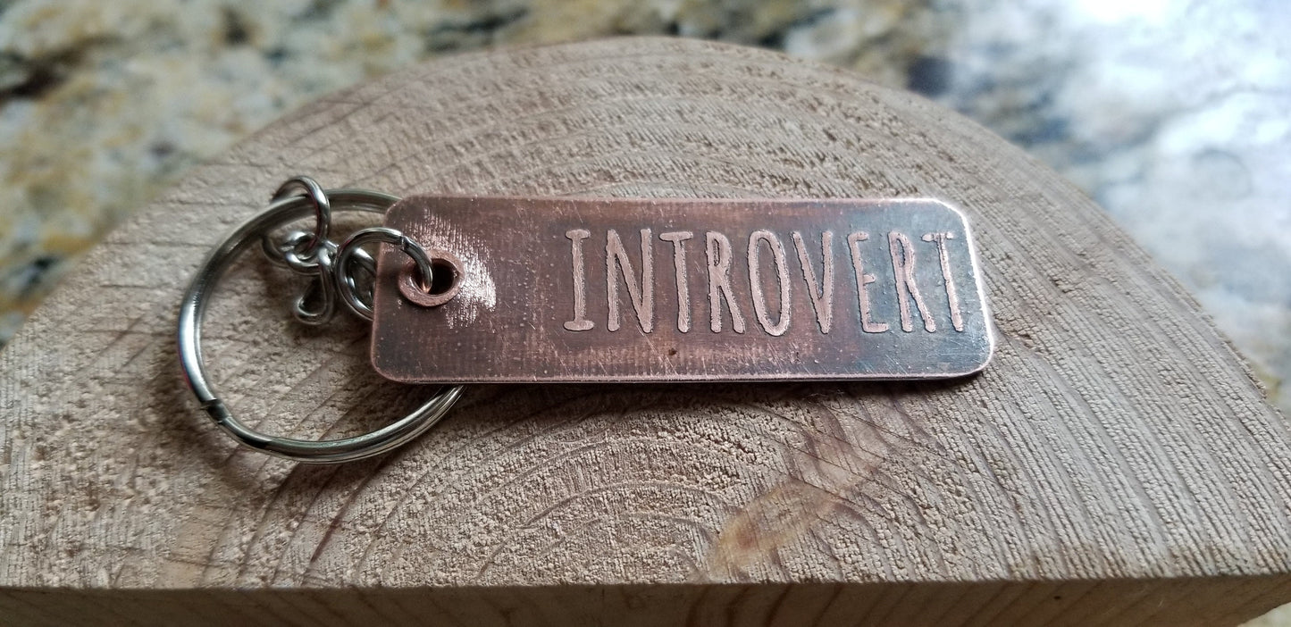 Copper Hand Cut Etched "Introvert" Rectangular Split RIng Key Chain