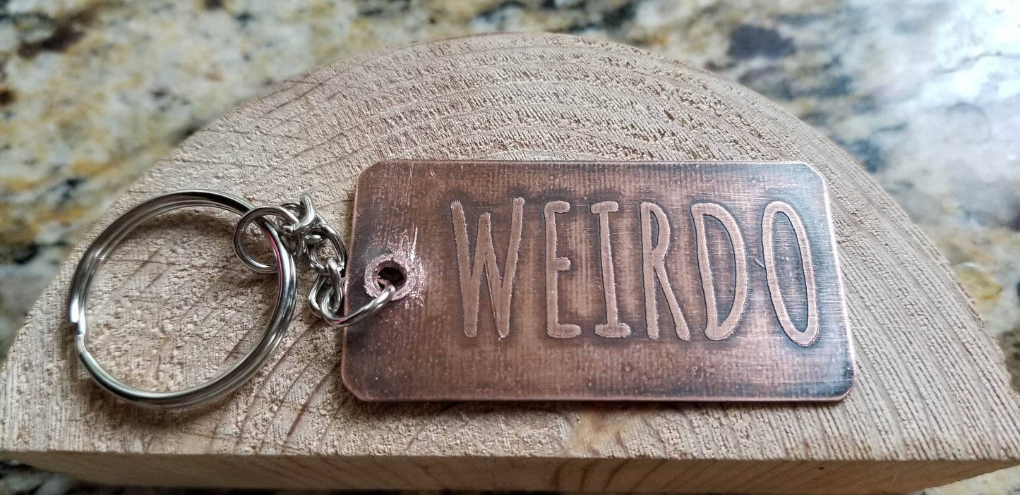 Copper Hand Cut Etched "WEIRDO" Rectangular Split RIng Key Chain