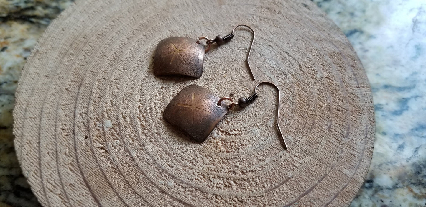 Brown Copper Domed Square Snowflake Etched Elbow Bend Drop Earrings Nickel Free Hooks