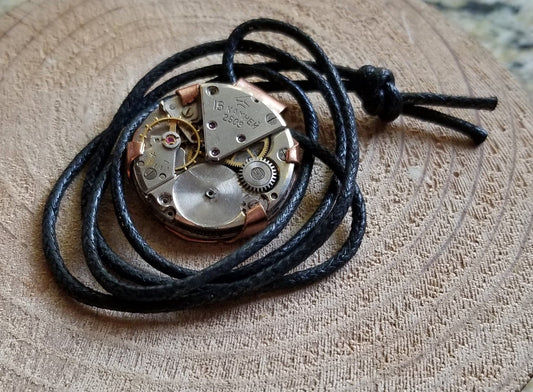 Pure Copper Prong Set Watch Movement Steampunk Pendant Cabochon Faux Leather Cord Clip