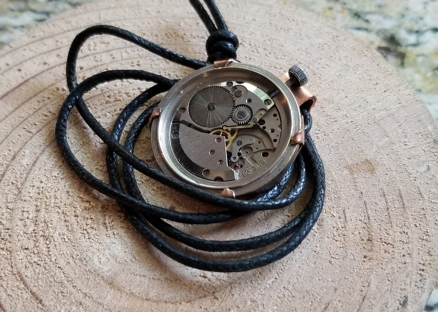 Pure Copper Prong Set Watch Movement Steampunk Pendant Cabochon Faux Leather Cord Clip