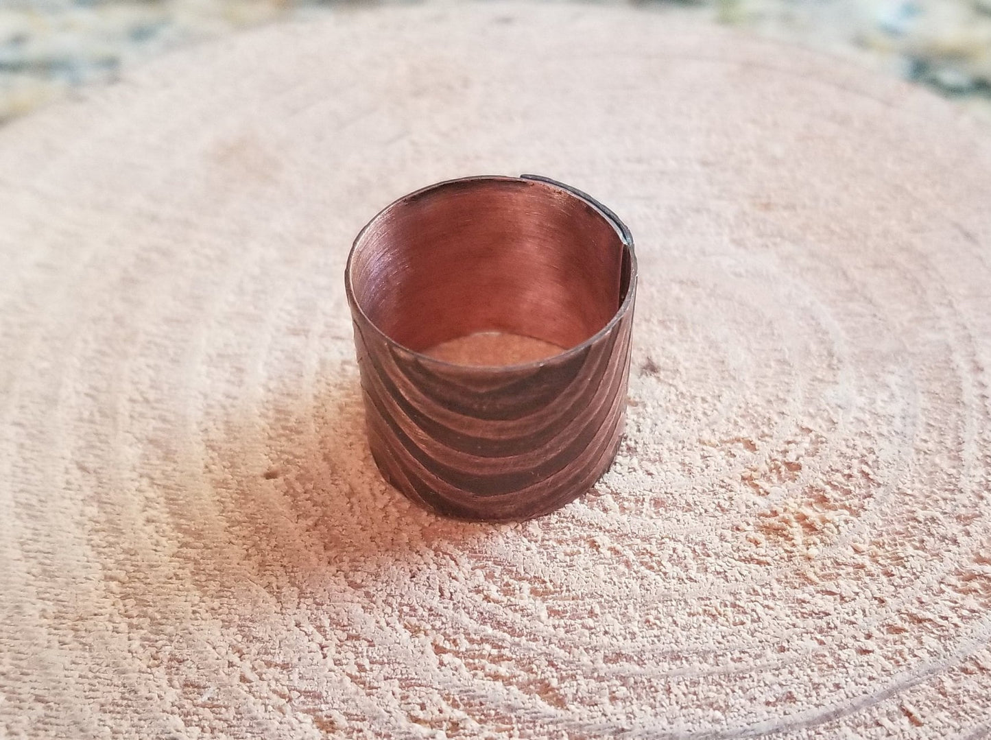 Pure Copper Sheet Wrapped Wide Band Ring Etched Steampunk Women's Size 7.5