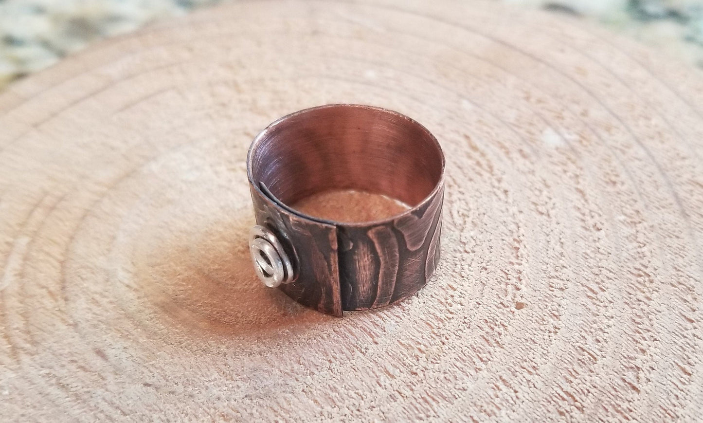 Pure Copper Sheet Spiral Riveted Band Ring Etched Steampunk Women's Size 7