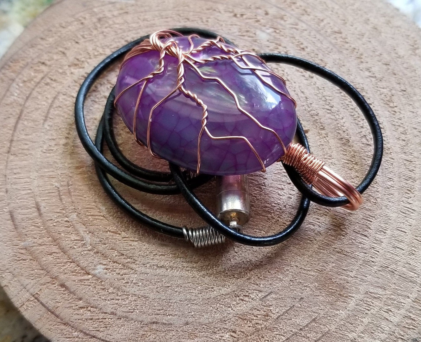 Pure Copper Woven Wire Framed Pendant Wrapped Wire Tree of Life Purple Dragon Vein Quartz Cabochon