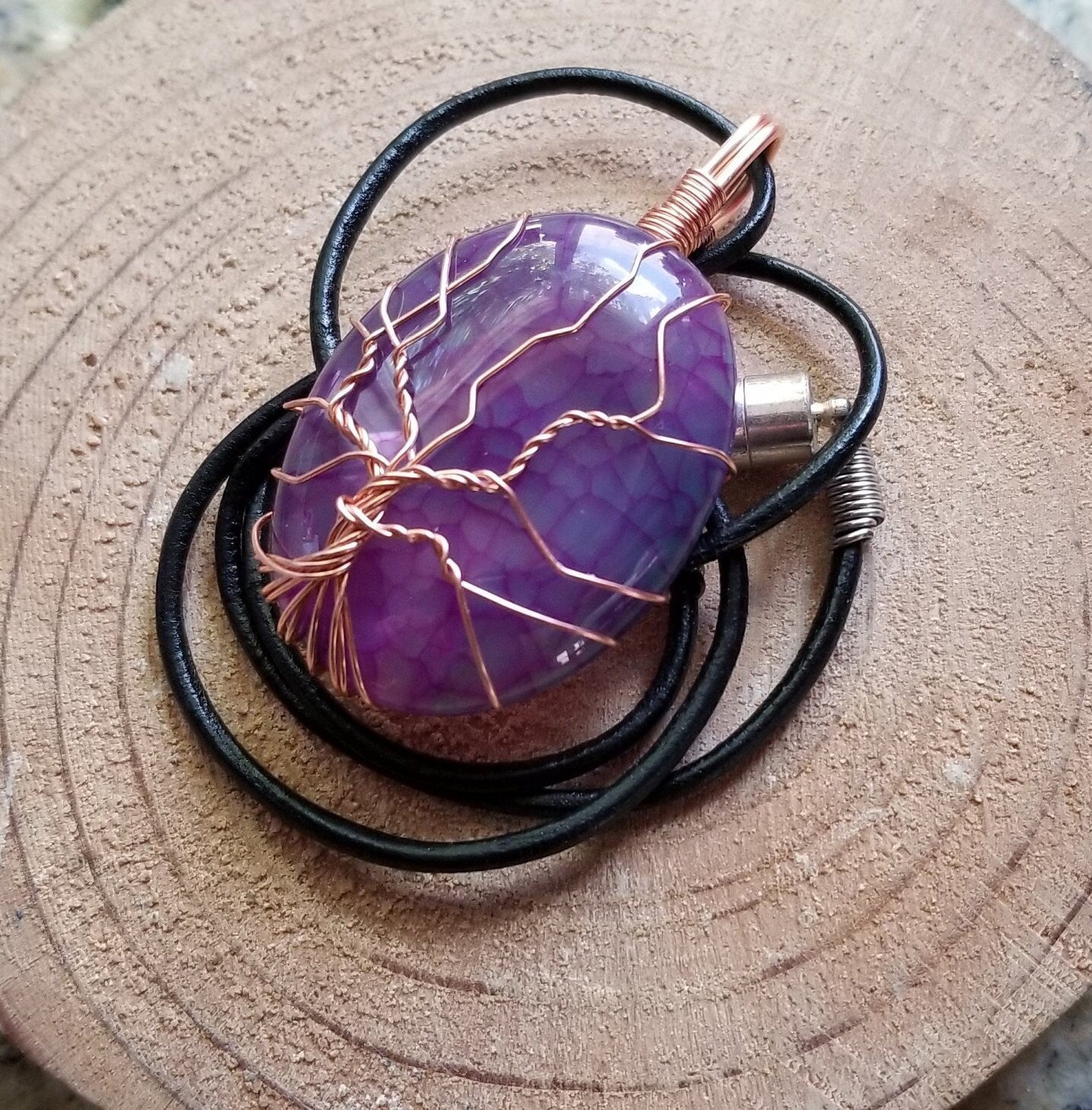 Pure Copper Woven Wire Framed Pendant Wrapped Wire Tree of Life Purple Dragon Vein Quartz Cabochon