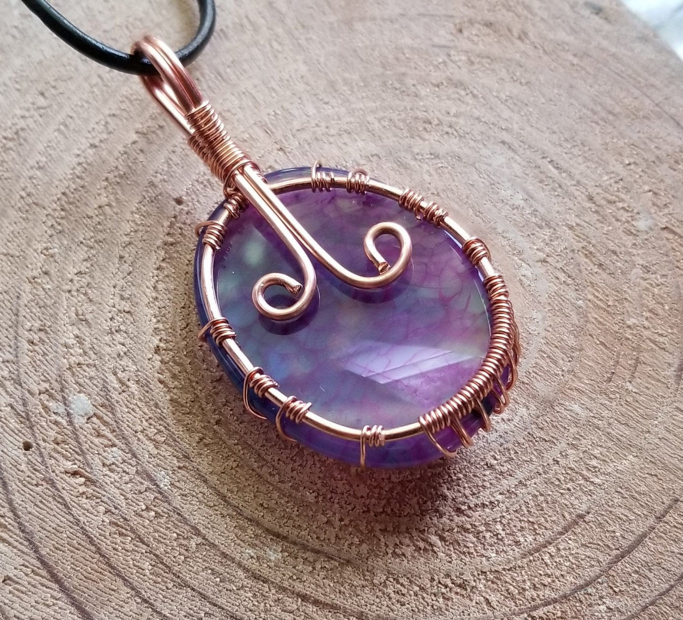 Pure Copper Woven Wire Framed Pendant Wrapped Wire Tree of Life Purple Dragon Vein Quartz Cabochon