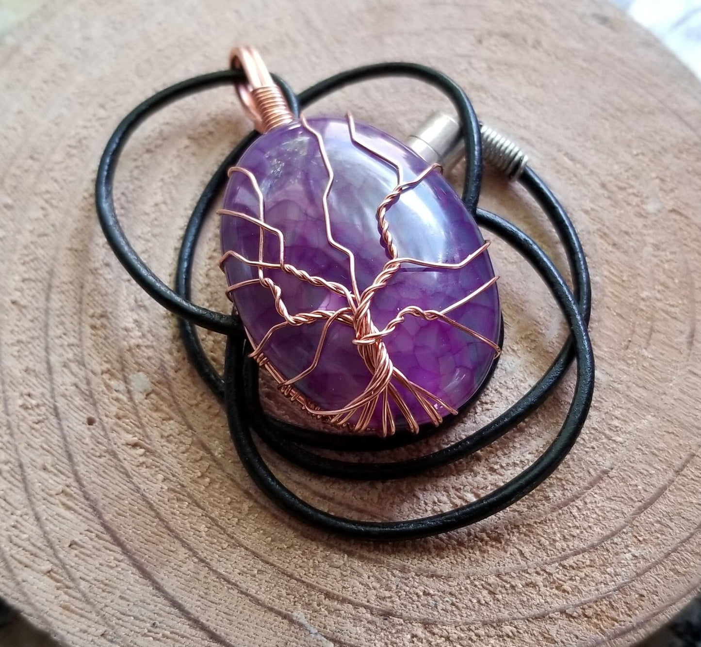 Pure Copper Woven Wire Framed Pendant Wrapped Wire Tree of Life Purple Dragon Vein Quartz Cabochon