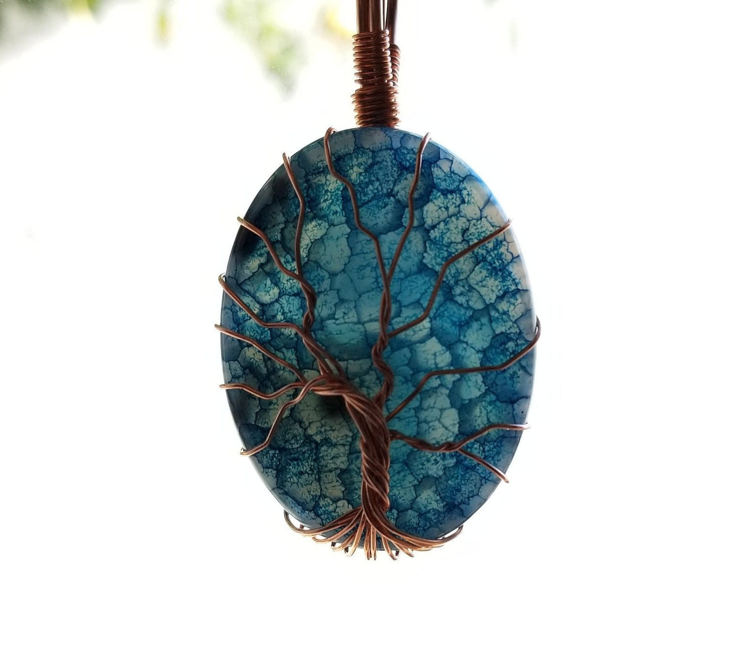 Pure Copper Woven Wire Framed Pendant Wrapped Wire Tree of Life Blue Dragon Vein Quartz Cabochon