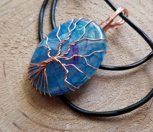 Pure Copper Woven Wire Framed Pendant Wrapped Wire Tree of Life Blue Dragon Vein Quartz Cabochon