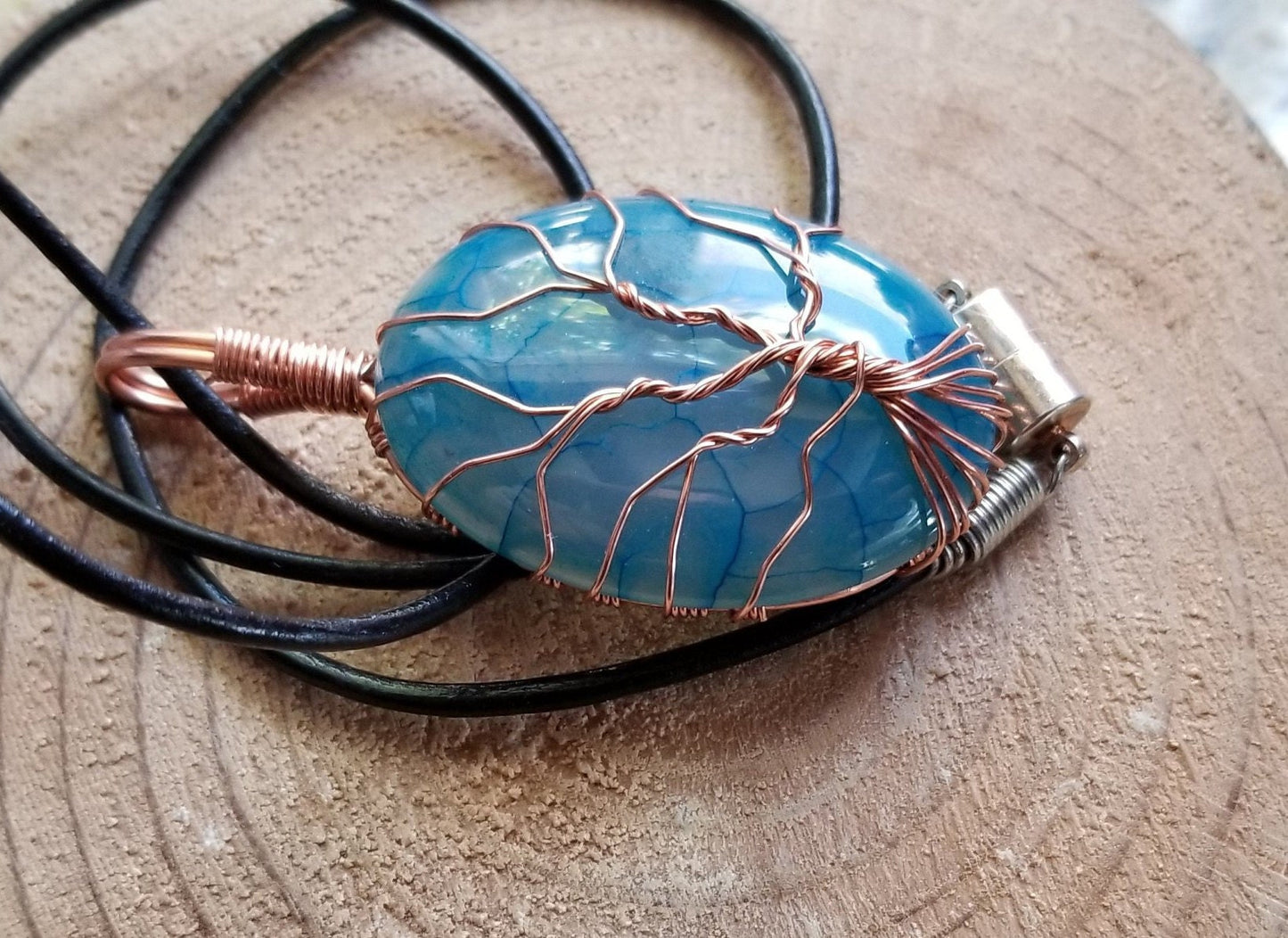 Pure Copper Woven Wire Framed Pendant Wrapped Wire Tree of Life Blue and Clear Dragon Vein Quartz Cabochon