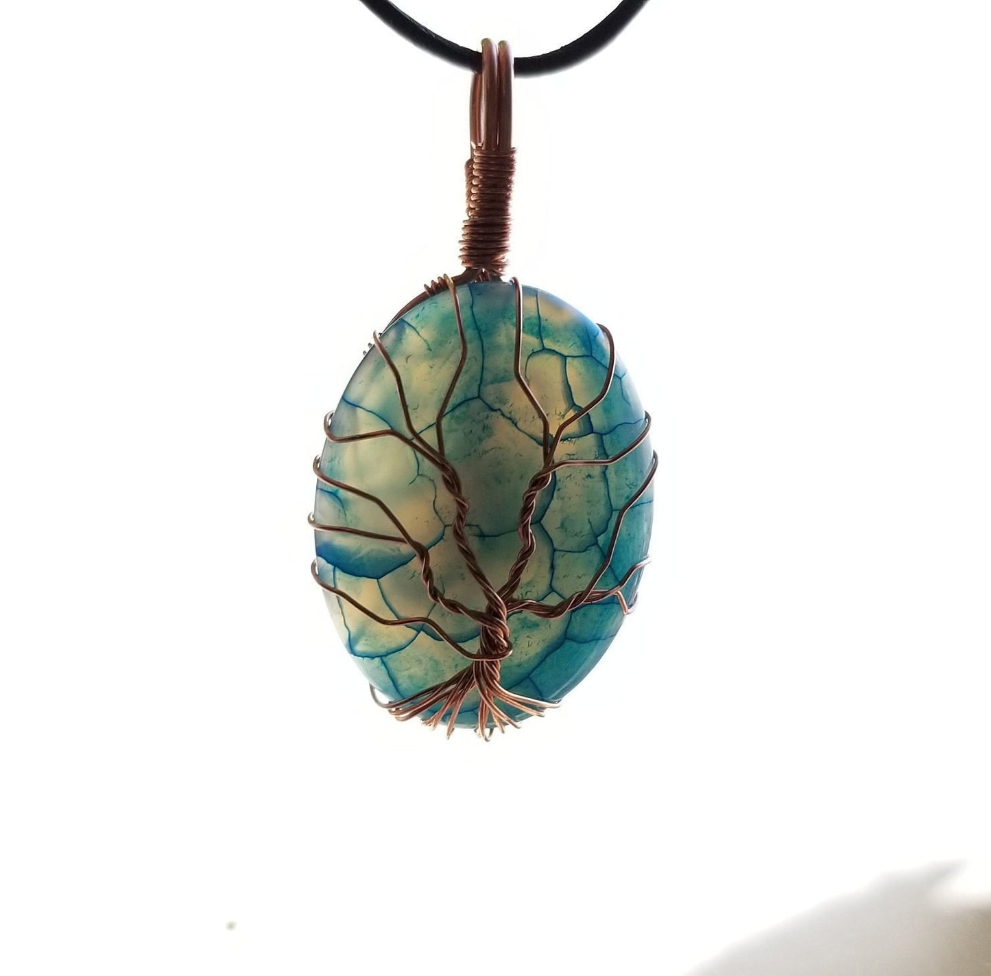 Pure Copper Woven Wire Framed Pendant Wrapped Wire Tree of Life Blue and Clear Dragon Vein Quartz Cabochon