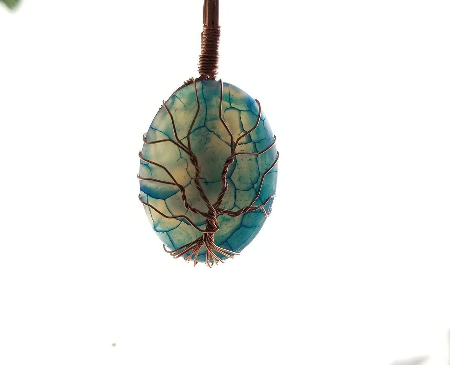 Pure Copper Woven Wire Framed Pendant Wrapped Wire Tree of Life Blue and Clear Dragon Vein Quartz Cabochon