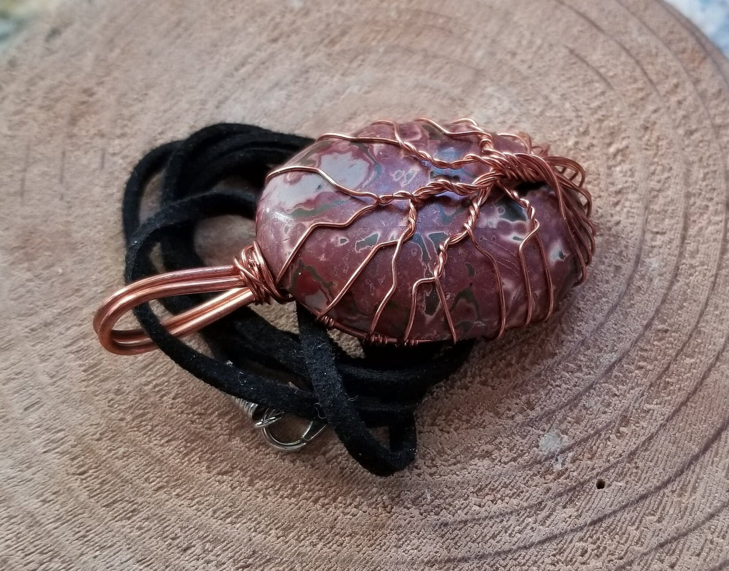 Pure Copper Twisted Wire Tree of Life Pendant Wrapped Wire Oval Red and Gray Jasper Stone