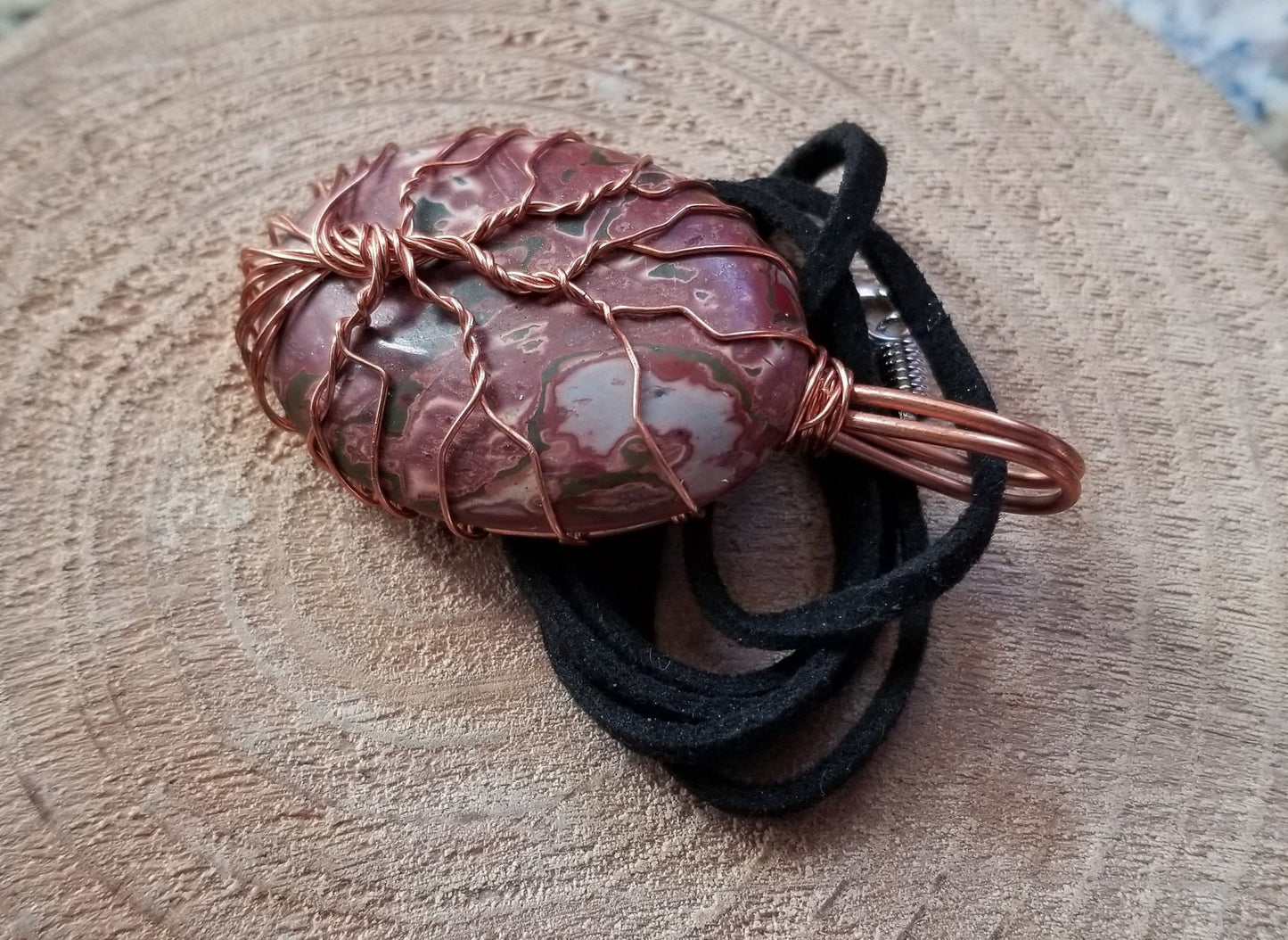 Pure Copper Twisted Wire Tree of Life Pendant Wrapped Wire Oval Red and Gray Jasper Stone