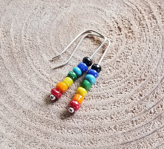 Rainbow Bead Elbow Bend Drop Earrings Fine Silver Hooks Pride