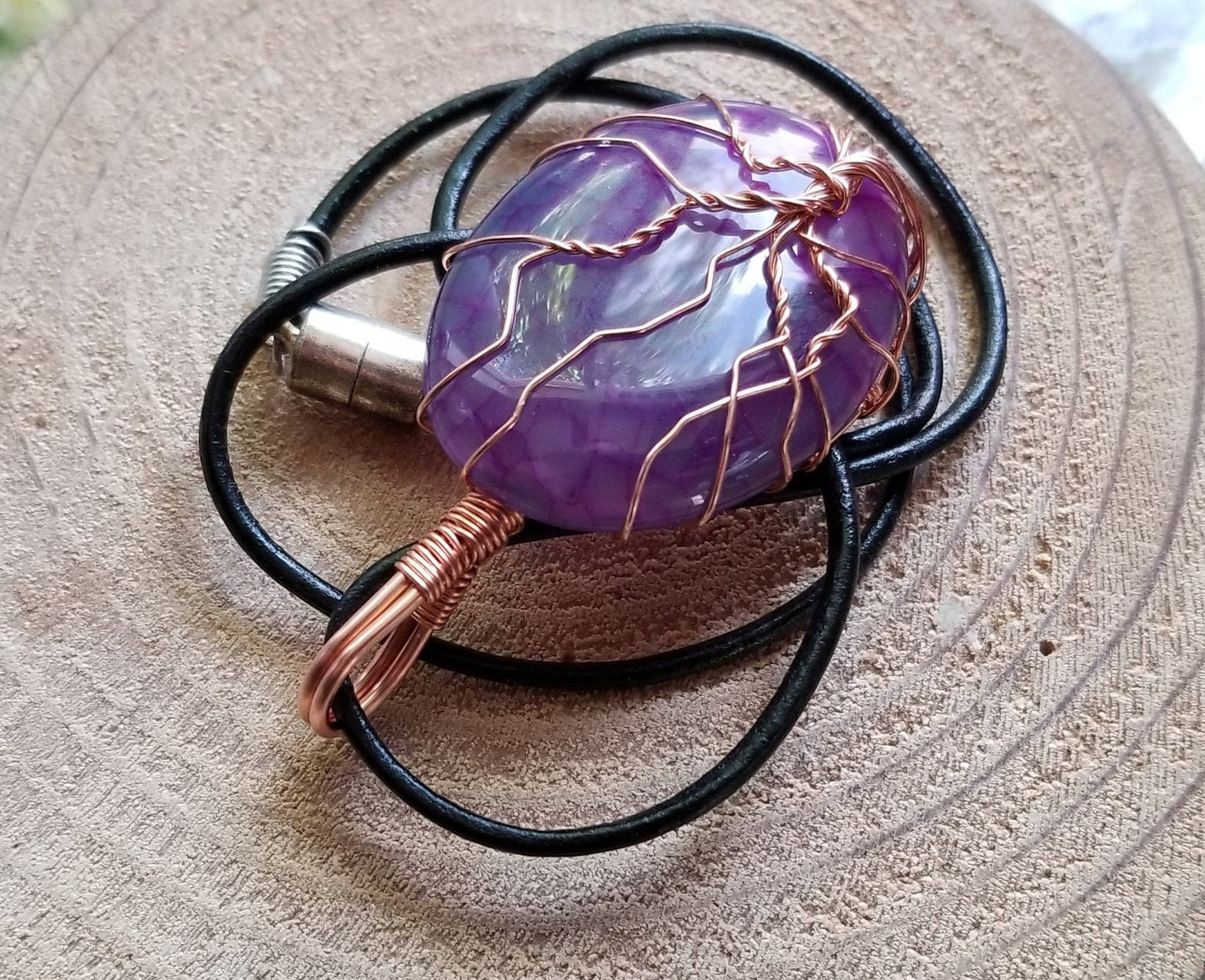 Pure Copper Woven Wire Framed Pendant Wrapped Wire Tree of Life Purple Dragon Vein Quartz Cabochon