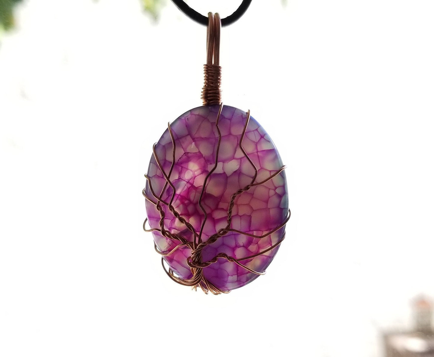 Pure Copper Woven Wire Framed Pendant Wrapped Wire Tree of Life Purple Dragon Vein Quartz Cabochon