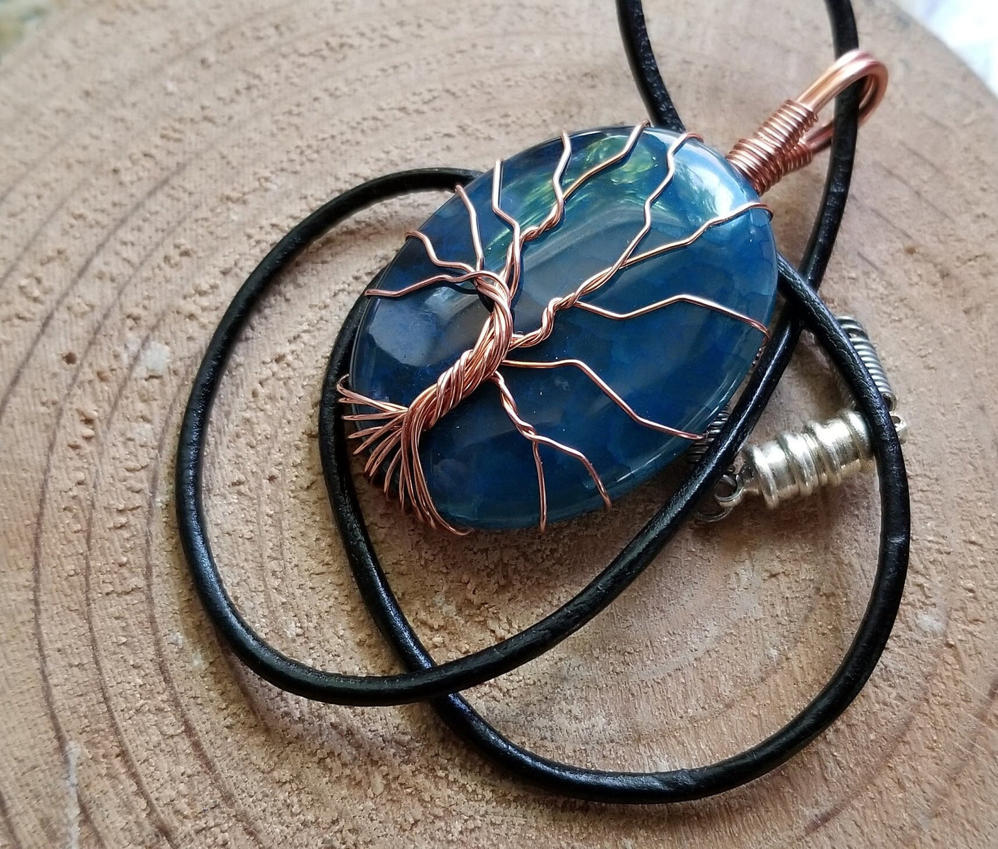 Pure Copper Woven Wire Framed Pendant Wrapped Wire Tree of Life Blue Dragon Vein Quartz Cabochon