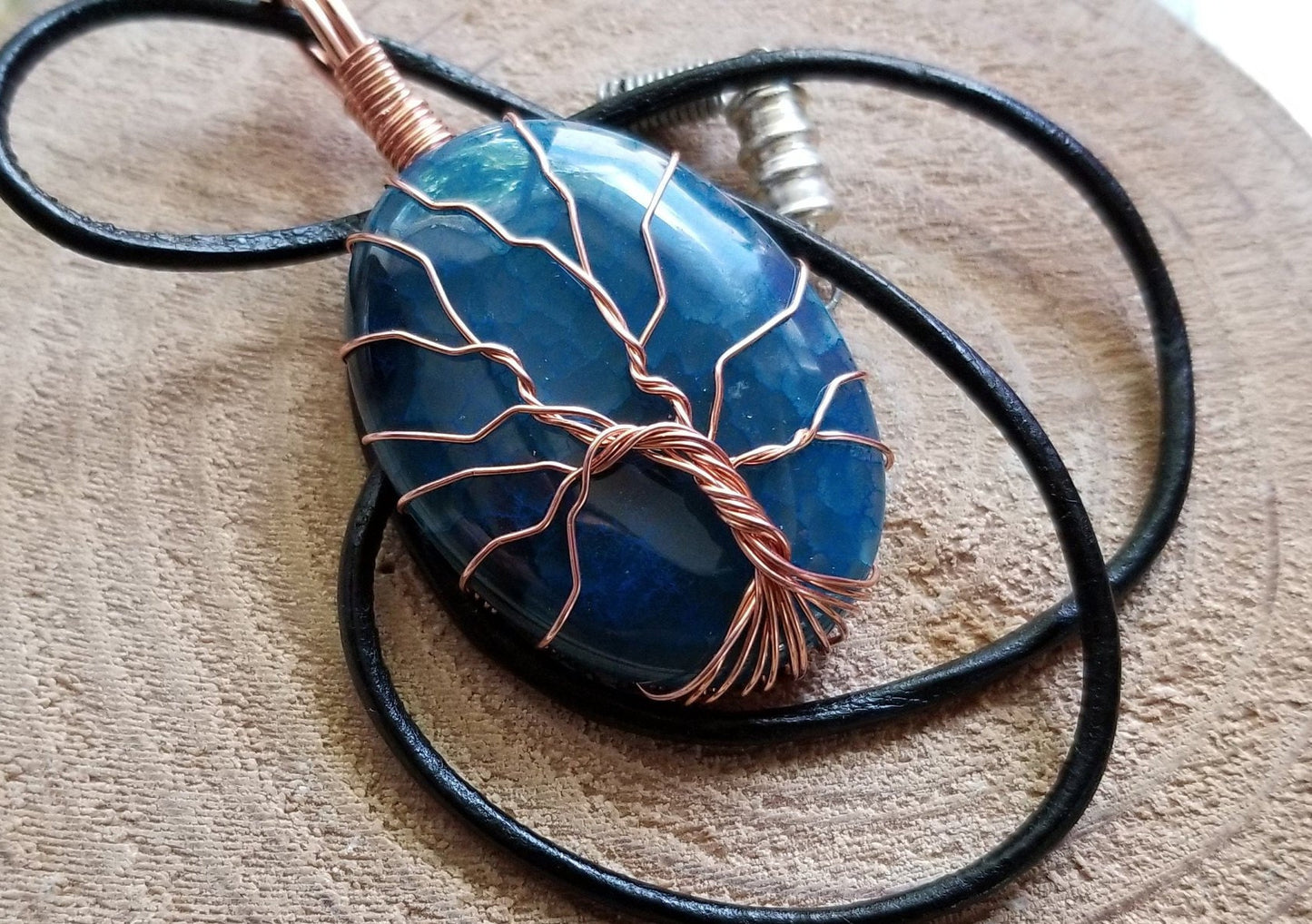 Pure Copper Woven Wire Framed Pendant Wrapped Wire Tree of Life Blue Dragon Vein Quartz Cabochon