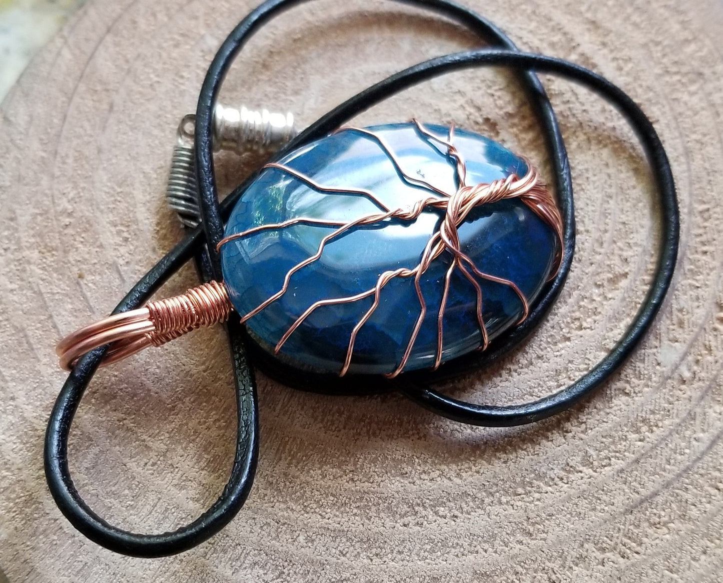 Pure Copper Woven Wire Framed Pendant Wrapped Wire Tree of Life Blue Dragon Vein Quartz Cabochon