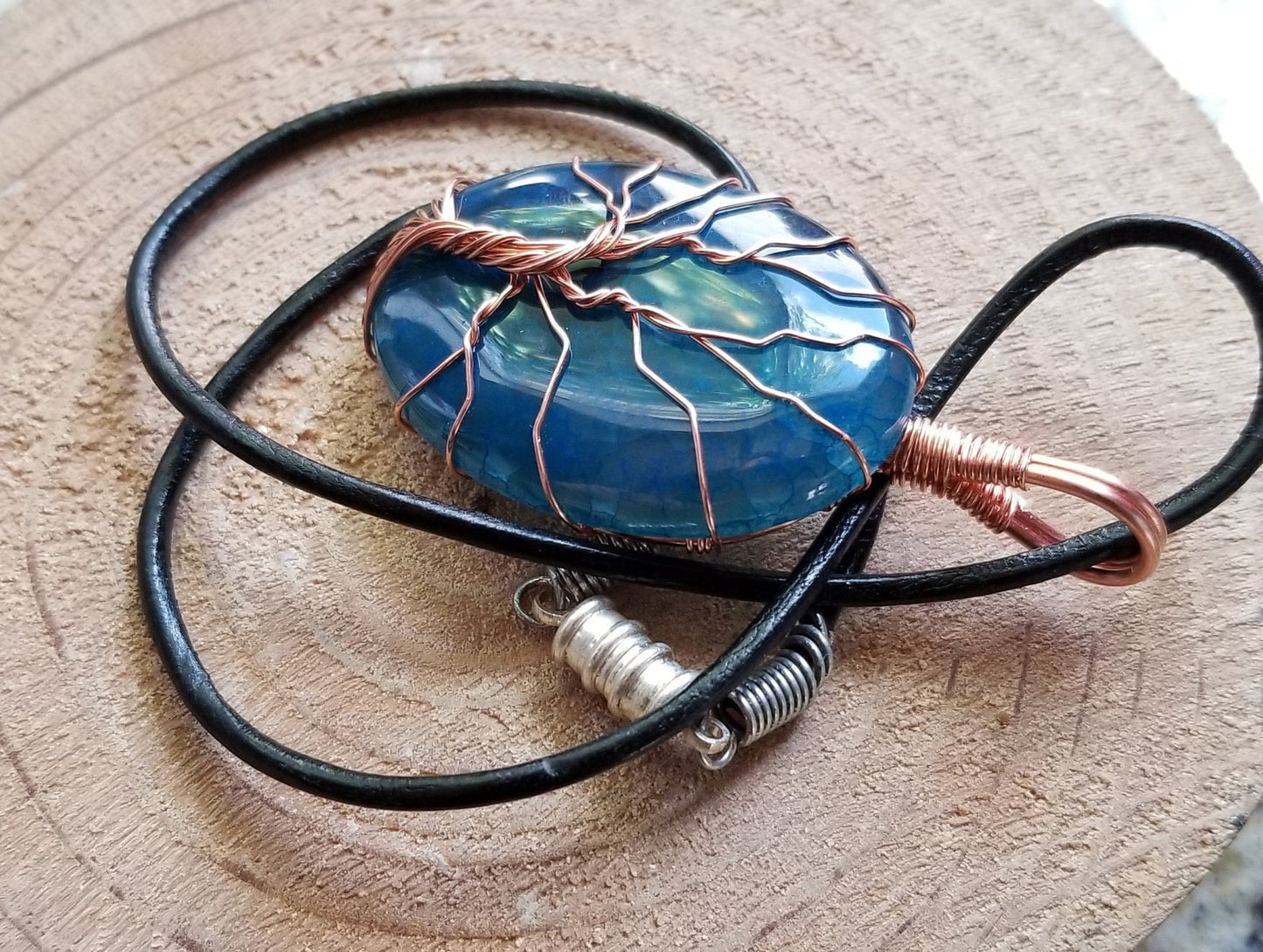 Pure Copper Woven Wire Framed Pendant Wrapped Wire Tree of Life Blue Dragon Vein Quartz Cabochon