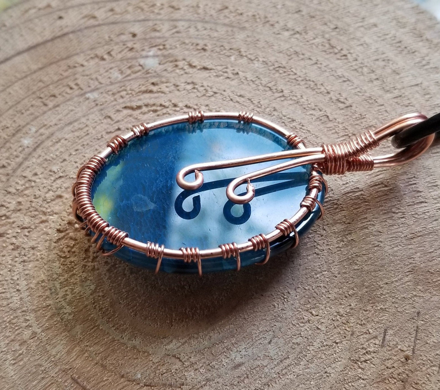 Pure Copper Woven Wire Framed Pendant Wrapped Wire Tree of Life Blue Dragon Vein Quartz Cabochon