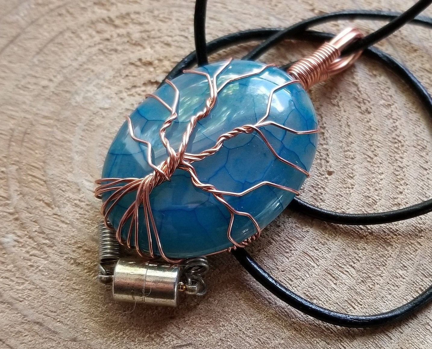 Pure Copper Woven Wire Framed Pendant Wrapped Wire Tree of Life Blue and Clear Dragon Vein Quartz Cabochon