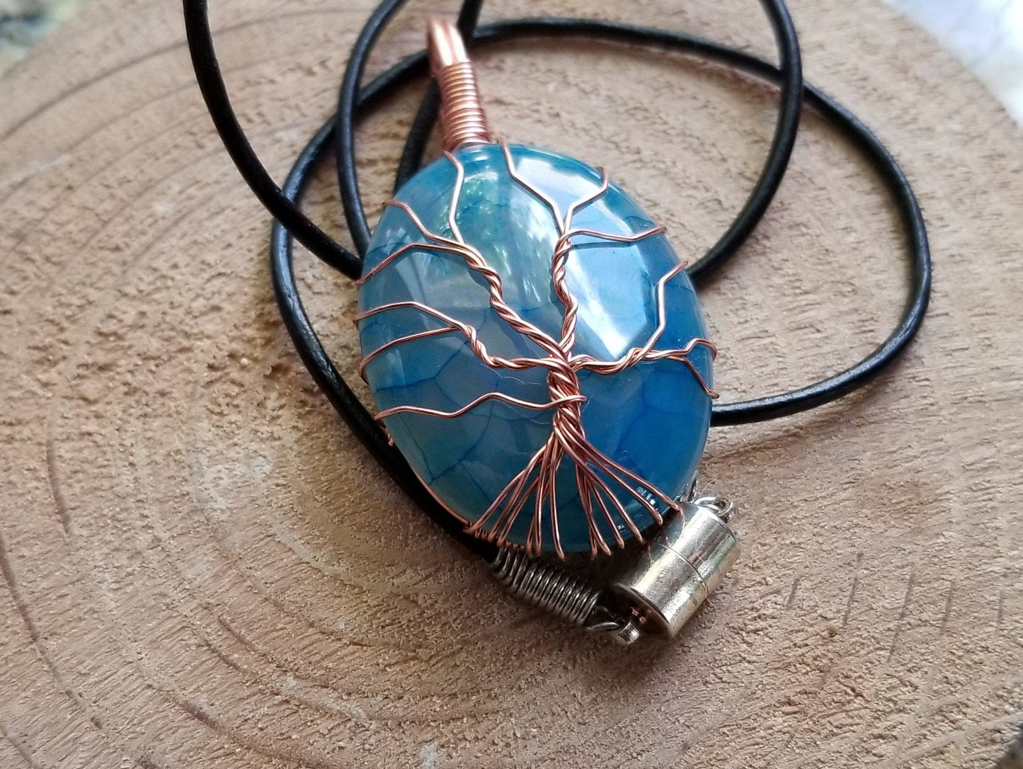 Pure Copper Woven Wire Framed Pendant Wrapped Wire Tree of Life Blue and Clear Dragon Vein Quartz Cabochon