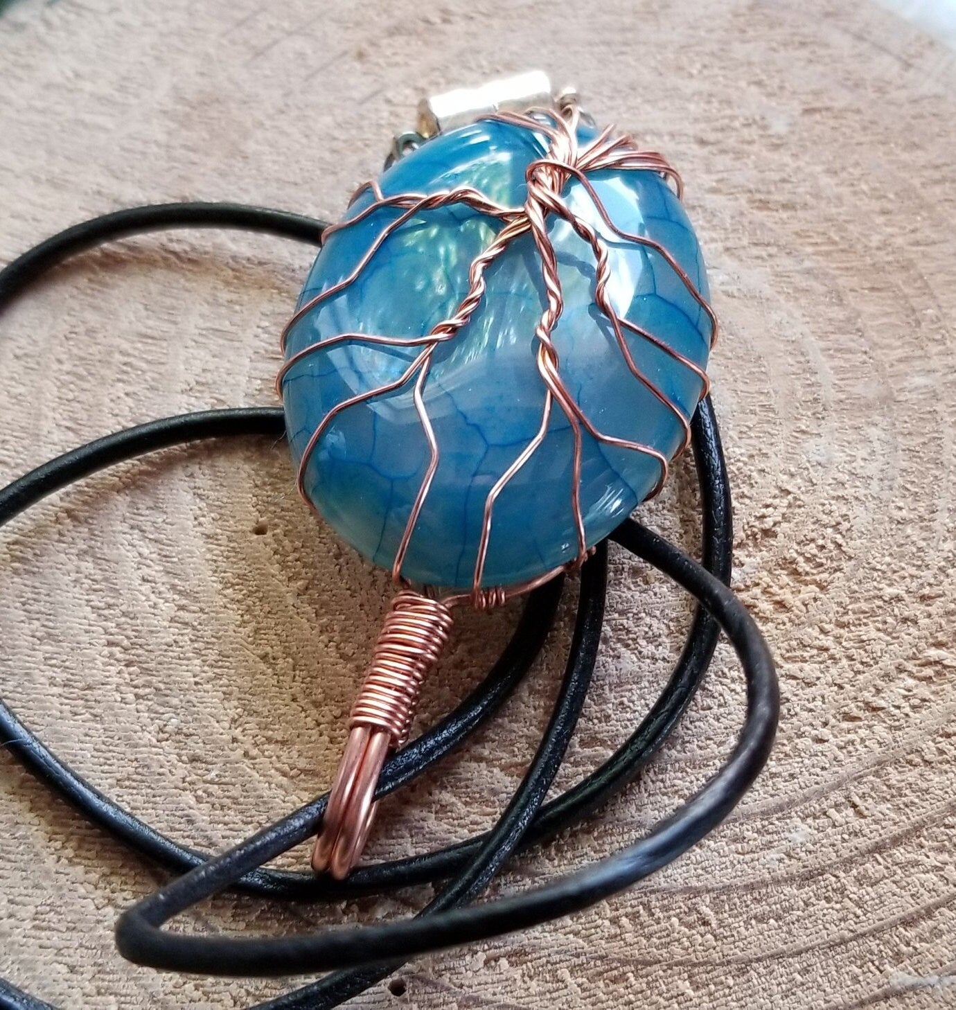 Pure Copper Woven Wire Framed Pendant Wrapped Wire Tree of Life Blue and Clear Dragon Vein Quartz Cabochon