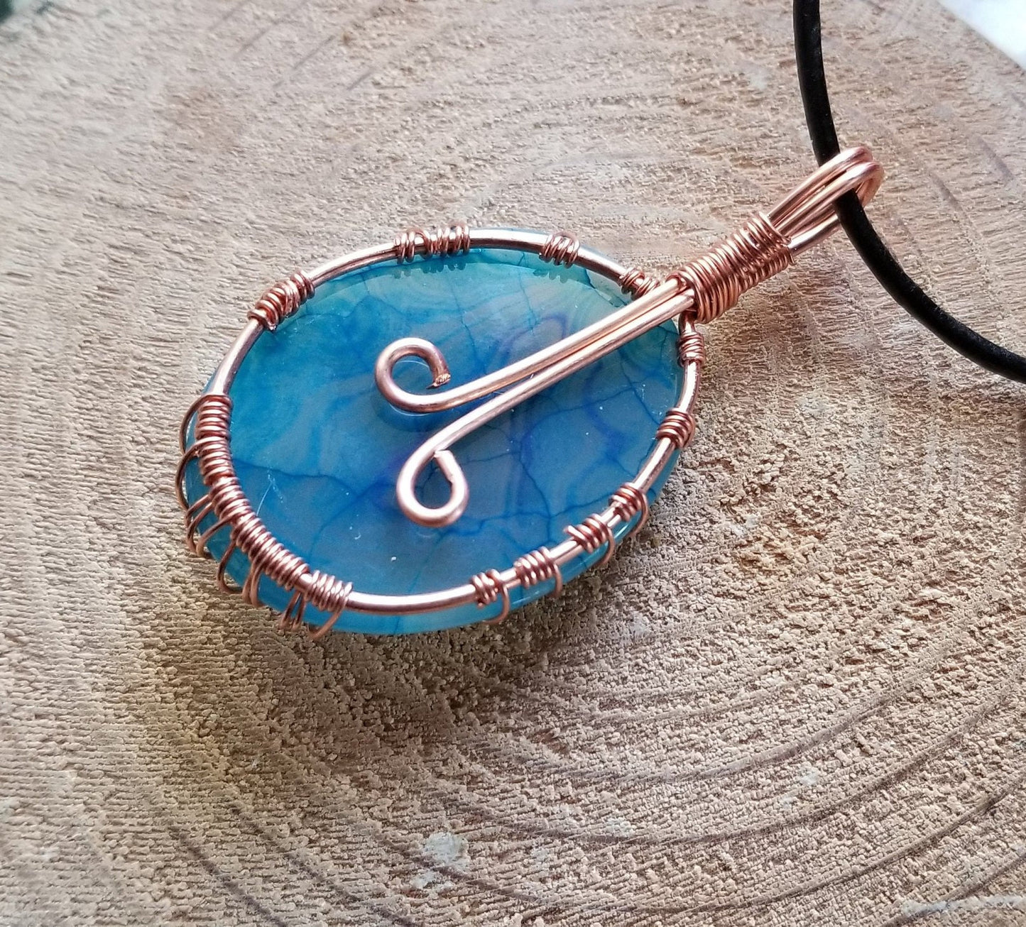 Pure Copper Woven Wire Framed Pendant Wrapped Wire Tree of Life Blue and Clear Dragon Vein Quartz Cabochon