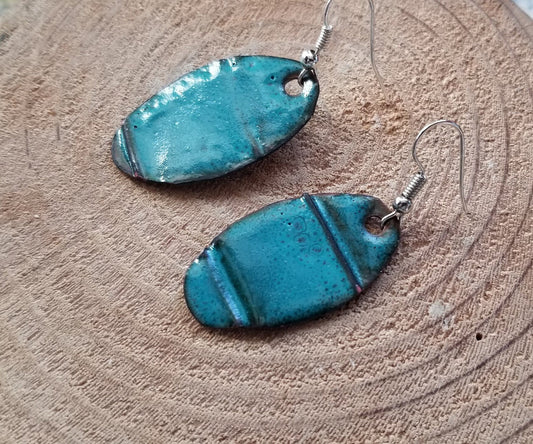 Folded Textured Copper With Teal Blue Enamel Patina Drop Earrings Silver Tone Hooks