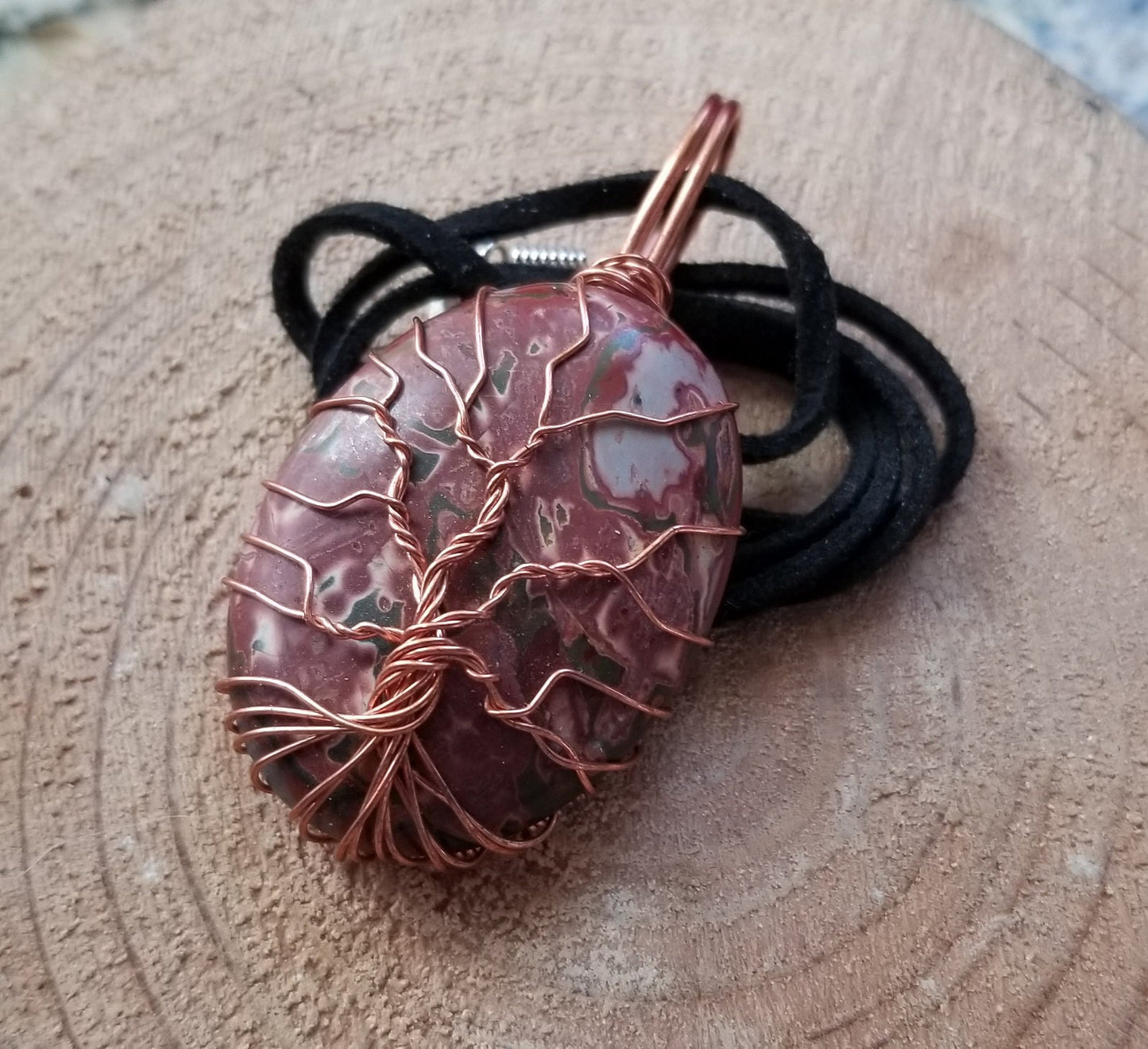 Pure Copper Twisted Wire Tree of Life Pendant Wrapped Wire Oval Red and Gray Jasper Stone