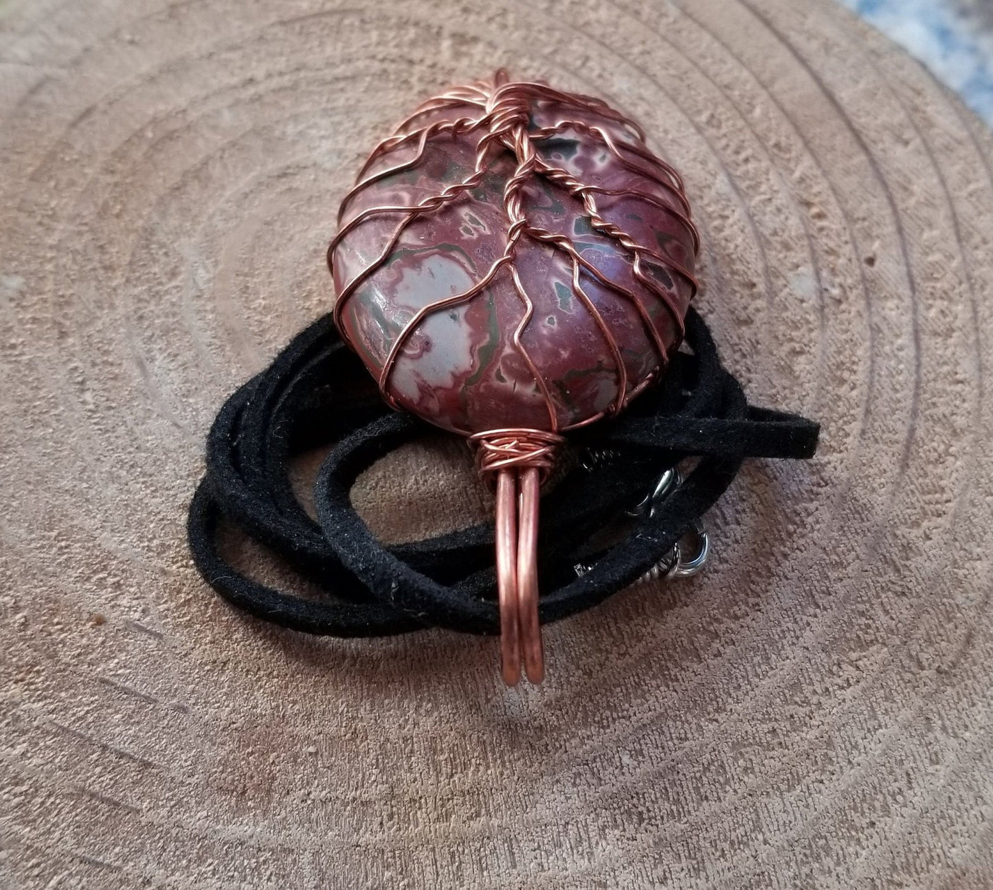 Pure Copper Twisted Wire Tree of Life Pendant Wrapped Wire Oval Red and Gray Jasper Stone