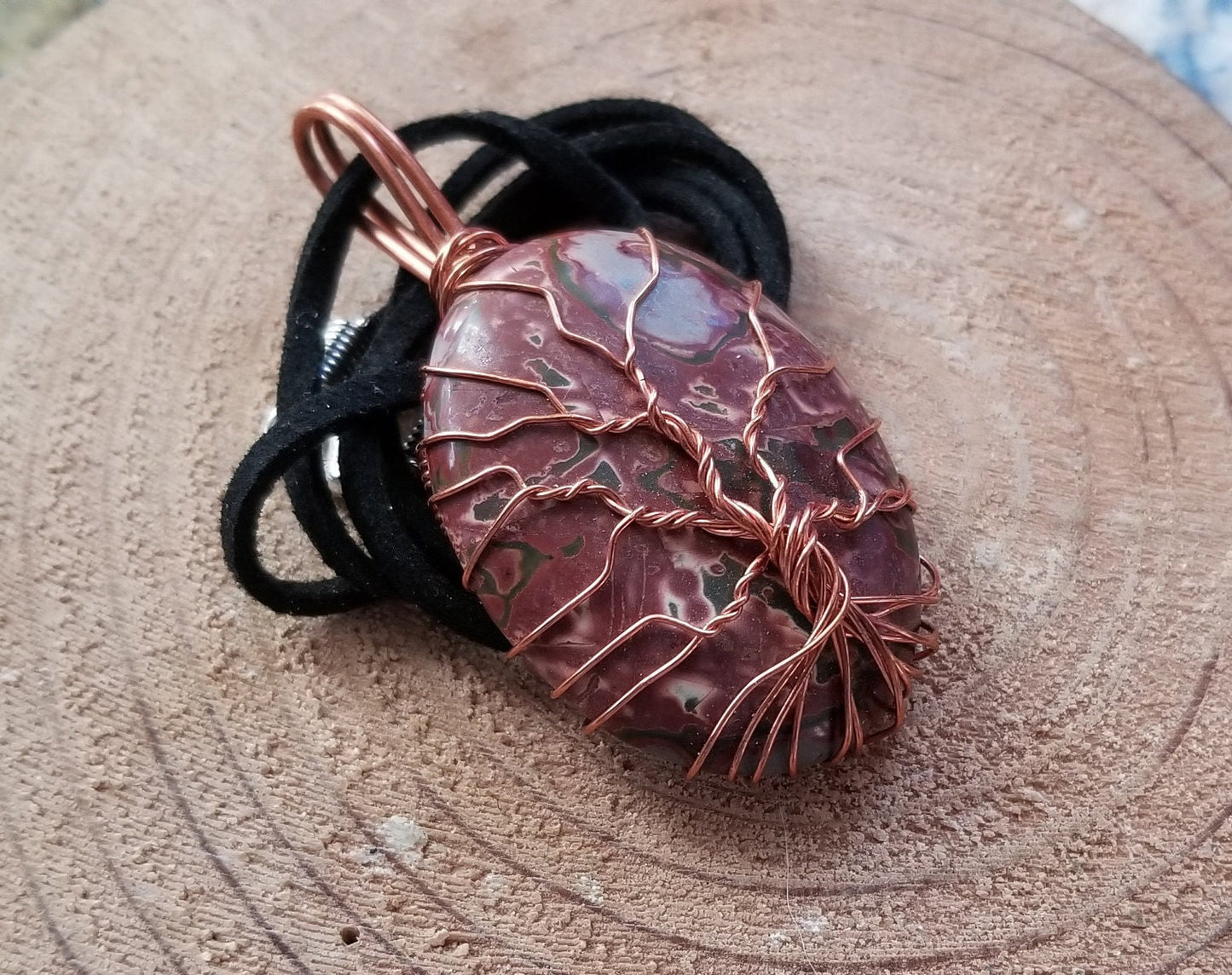 Pure Copper Twisted Wire Tree of Life Pendant Wrapped Wire Oval Red and Gray Jasper Stone