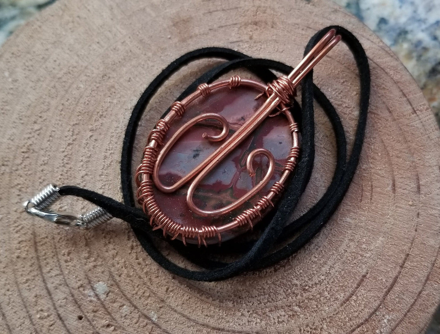 Pure Copper Twisted Wire Tree of Life Pendant Wrapped Wire Oval Red and Gray Jasper Stone