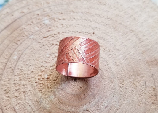 Pure Copper Sheet Wrapped Wide Band Ring Etched Orange Painted Steampunk Women's Size 8.5