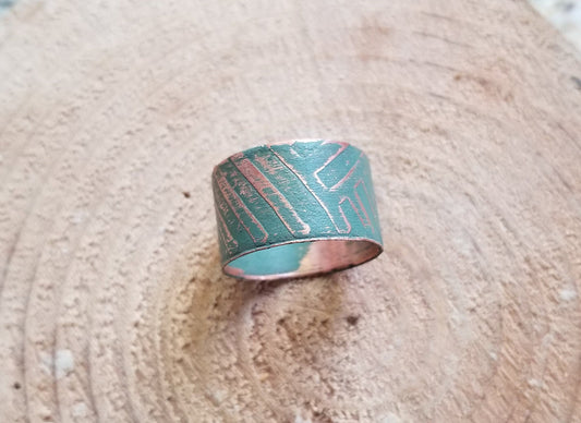 Pure Copper Sheet Wrapped Wide Band Ring Etched Sage Green Steampunk Women's Size 9