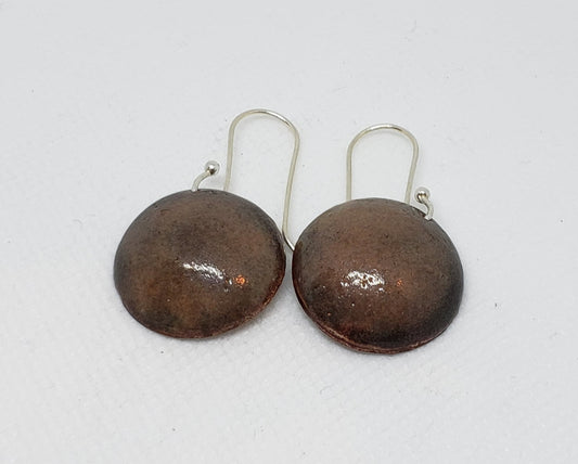 Domed Copper Discs With Mushroom Brown Enamel Drop Earrings Fine Silver Hooks