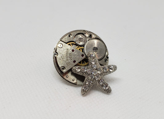 Stainless Steel Steampunk Watch Movement with Silver Tone Inlayed Crystal Starfish Pin