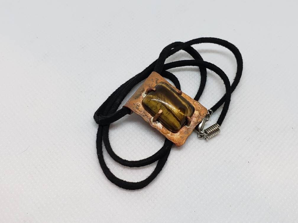 Pure Copper Prong Set Framed Pendant Hammered Texture Tiger's Eye Cabochon Faux Leather Cord Necklace