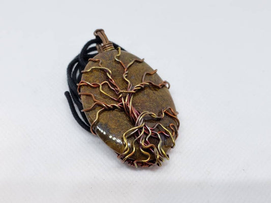 Pure Copper Twisted Wire Tree of Life Pendant Wrapped Wire Oval Shaped Brown Blue Moss Agate