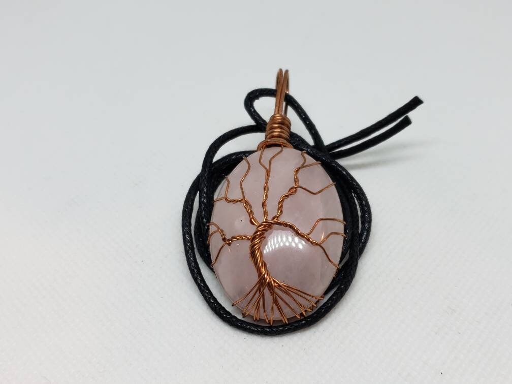 Pure Copper Woven Wire Framed Pendant Wrapped Wire Tree of Life Pink and Clear Rose Quartz Cabochon