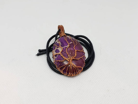 Pure Copper Twisted Wire Tree of Life Pendant Wrapped Wire Oval Purple Jasper Stone