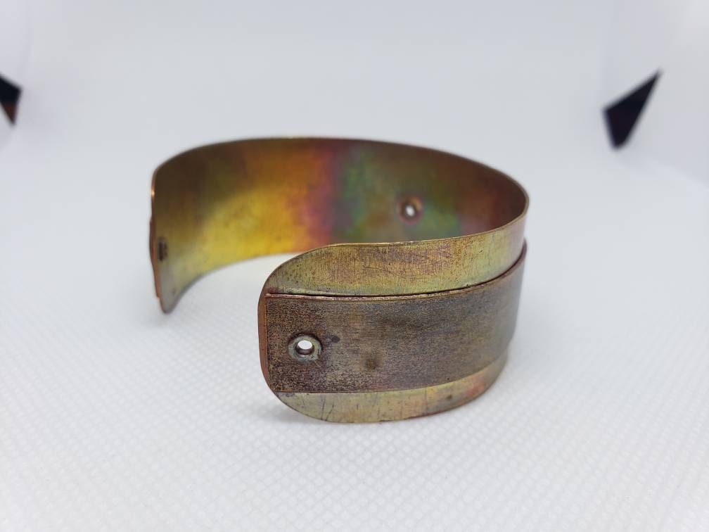 Copper Tube Riveted Grommet Cuff Bracelet Heat Patina