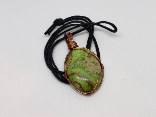 Pure Copper Woven Wire Framed Pendant Wrapped Wire Green Jasper Cabochon